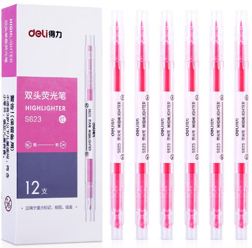 得力(deli) S623 双头荧光笔 红色 12支一盒