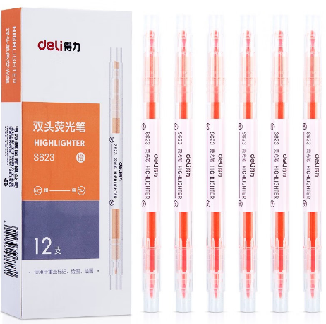 得力(deli) S623 双头荧光笔 橙色12支一盒